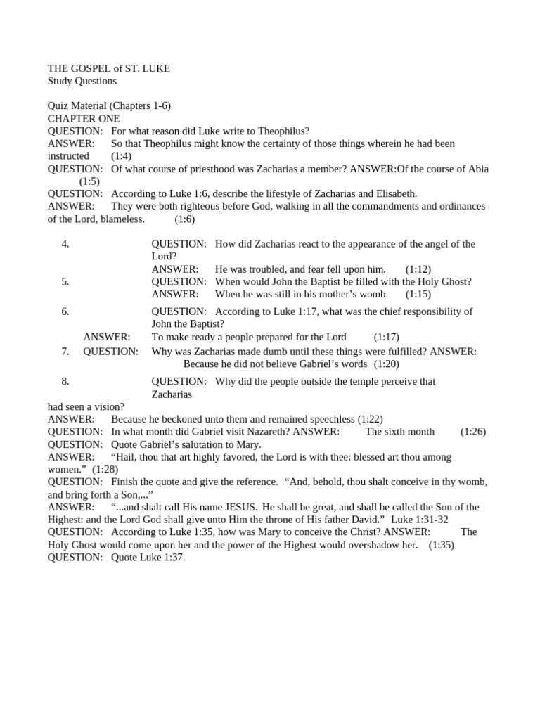 Study Questions on the Gospel of Luke | PDF | Jesus | New Testament People
