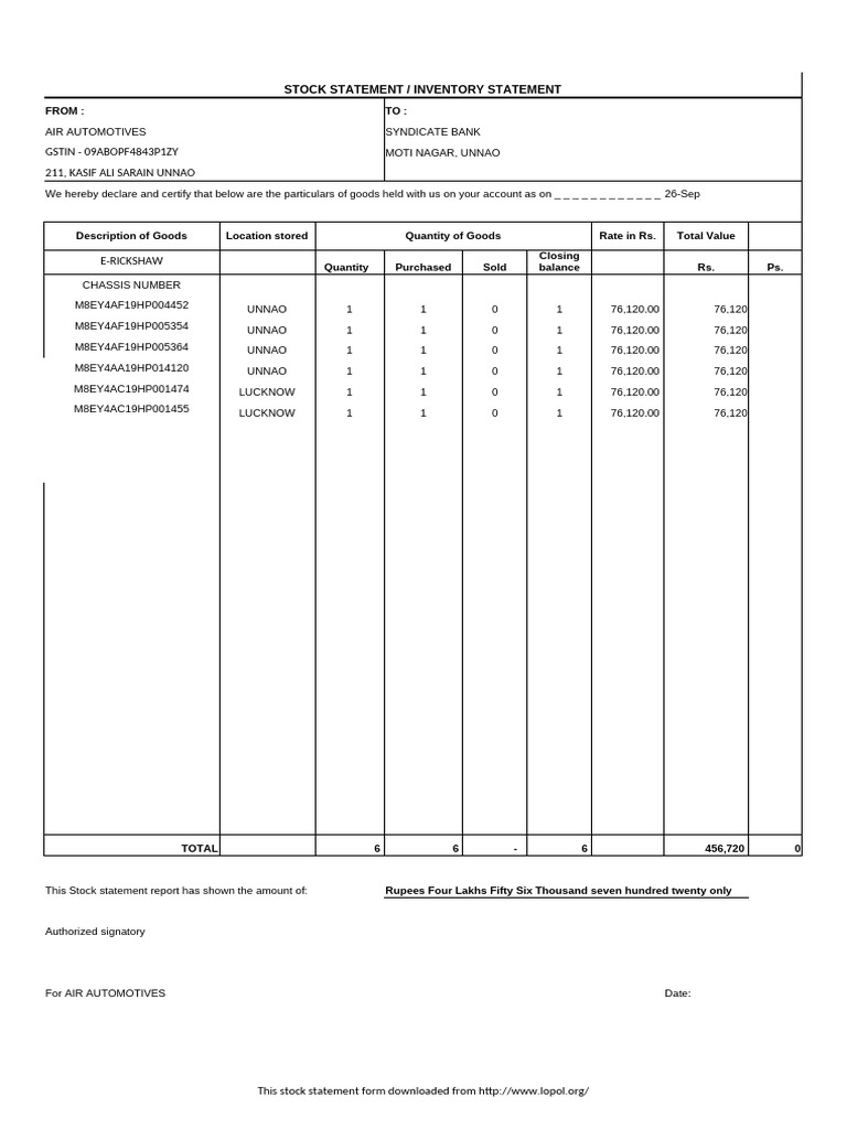 Stock Statement for Air Automotives | PDF