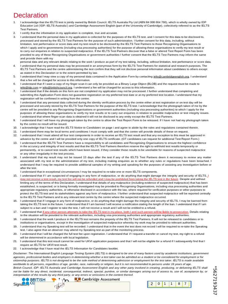 IELTS Declaration Form Acknowledgment | PDF | International English ...