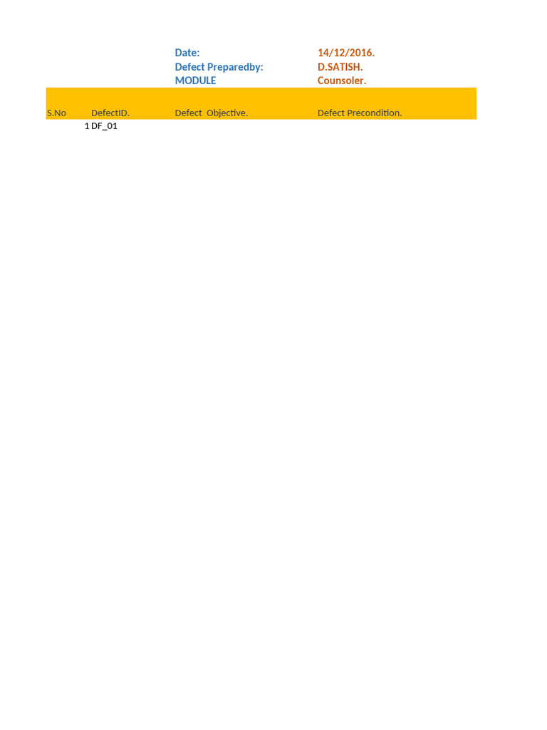Date: Defect Preparedby:: S.No Defectid. Defect Objective. Defect ...