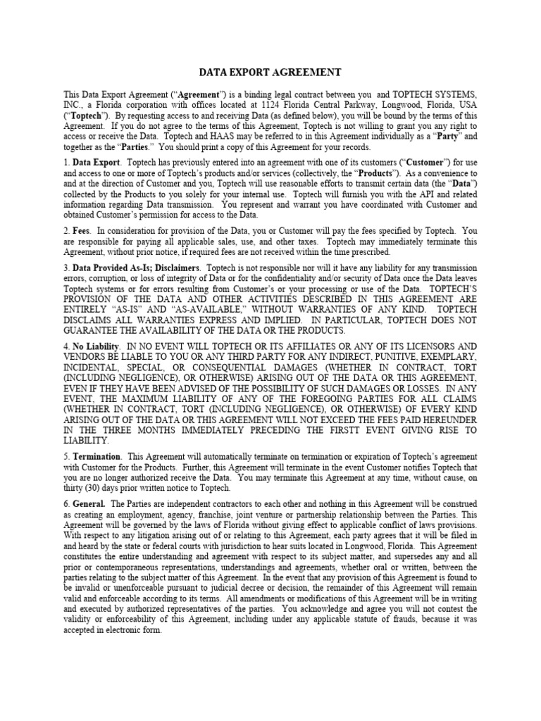Data Export Agreement with Toptech | PDF | Legal Liability | Damages