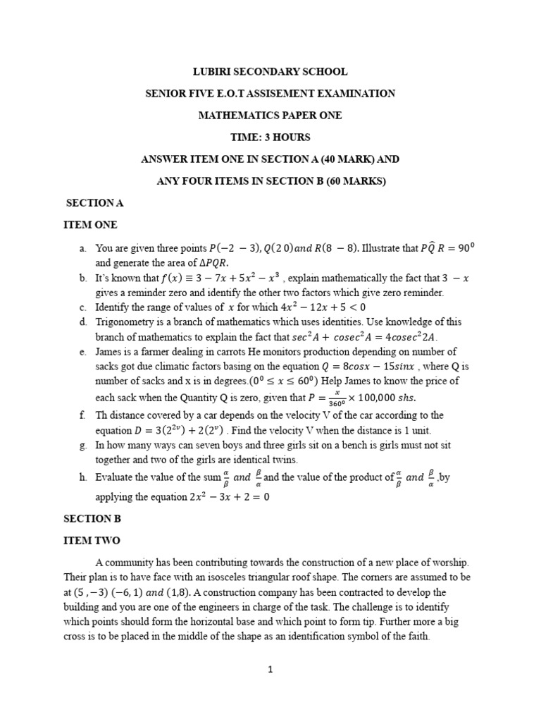 Senior Five Mathematics Assesment Exam | PDF