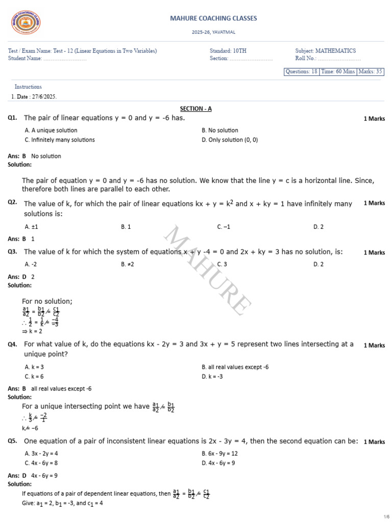Test - 12 (Linear Equations in Two Variables) - 10TH-MATHEMATICS ...