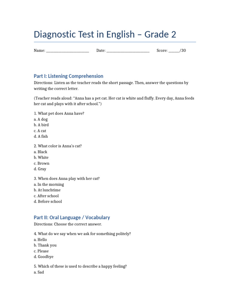 Grade 2 English Diagnostic Test | PDF | Phonics | Language Acquisition