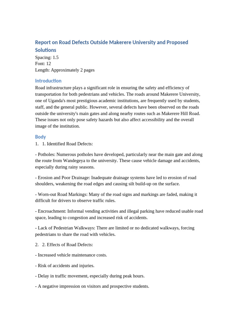 Road Defects and Solutions at Makerere University | PDF | Road | Traffic