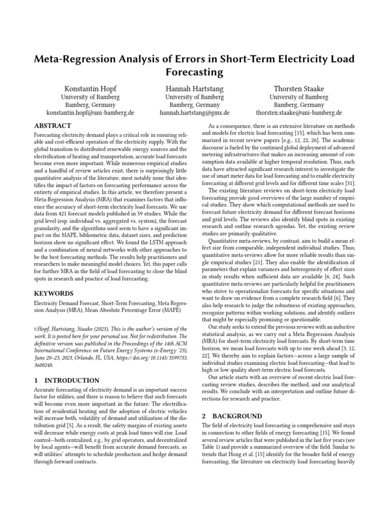 Meta-Regression Analysis of Load Forecasting | PDF | Forecasting ...