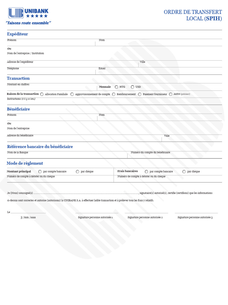 Formulaire de Transaction SPIH Unibank | PDF | Chèque | Banques