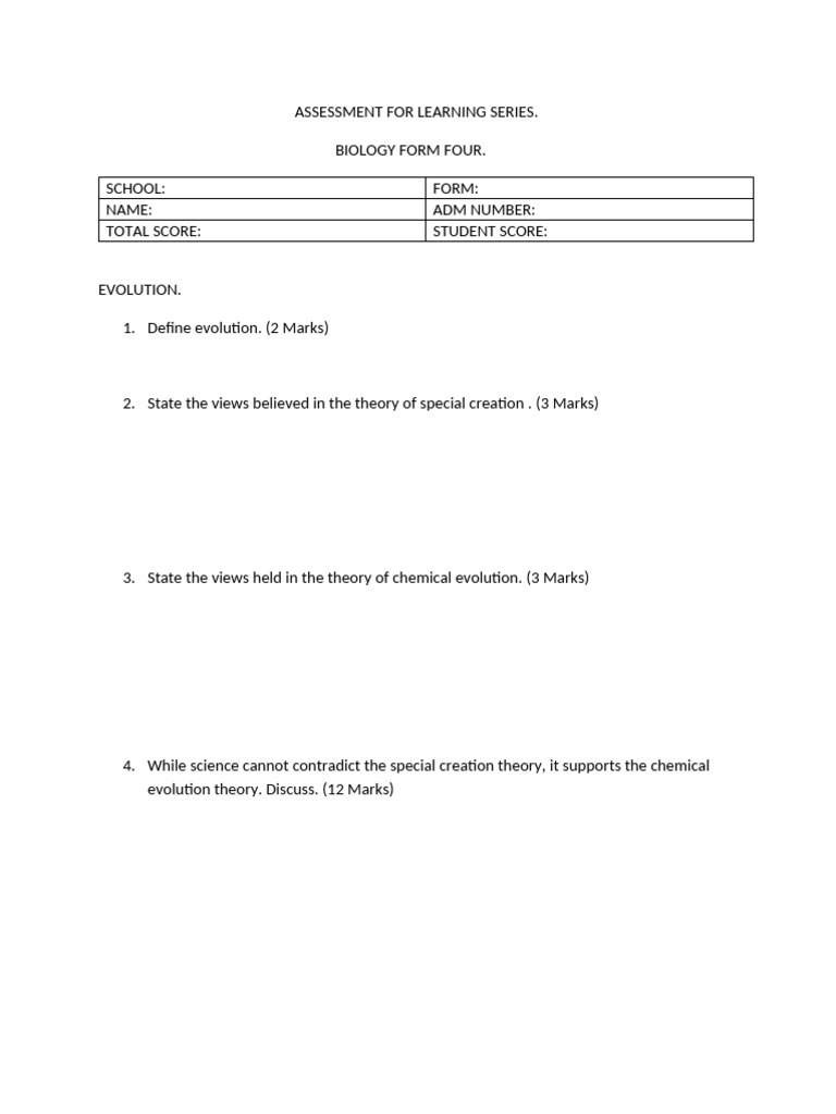 Biology Form Four Evolution Assessment | PDF