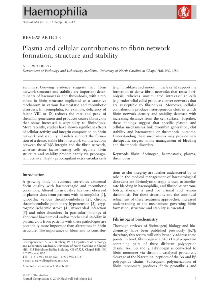 As Wolberg (2010) Plasma and Cellular Contributions To Fibrin Network ...