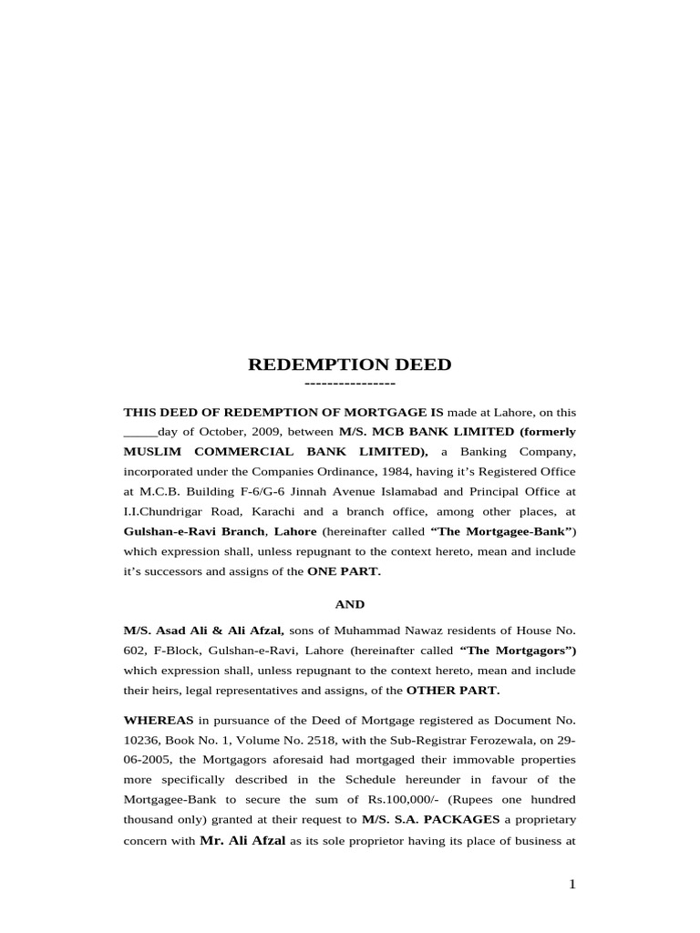 Mortgage Redemption Deed Template | PDF | Mortgage Law | Property Law