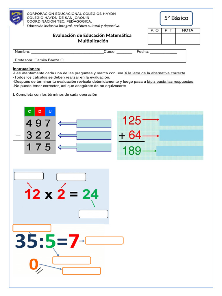Evaluación de Matemáticas 5° Básico | PDF | Matemáticas
