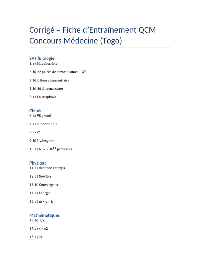 Corrigé QCM Concours Médecine Togo | PDF