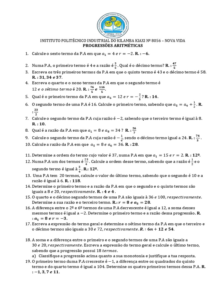 Exercícios de Progressões Aritméticas | PDF
