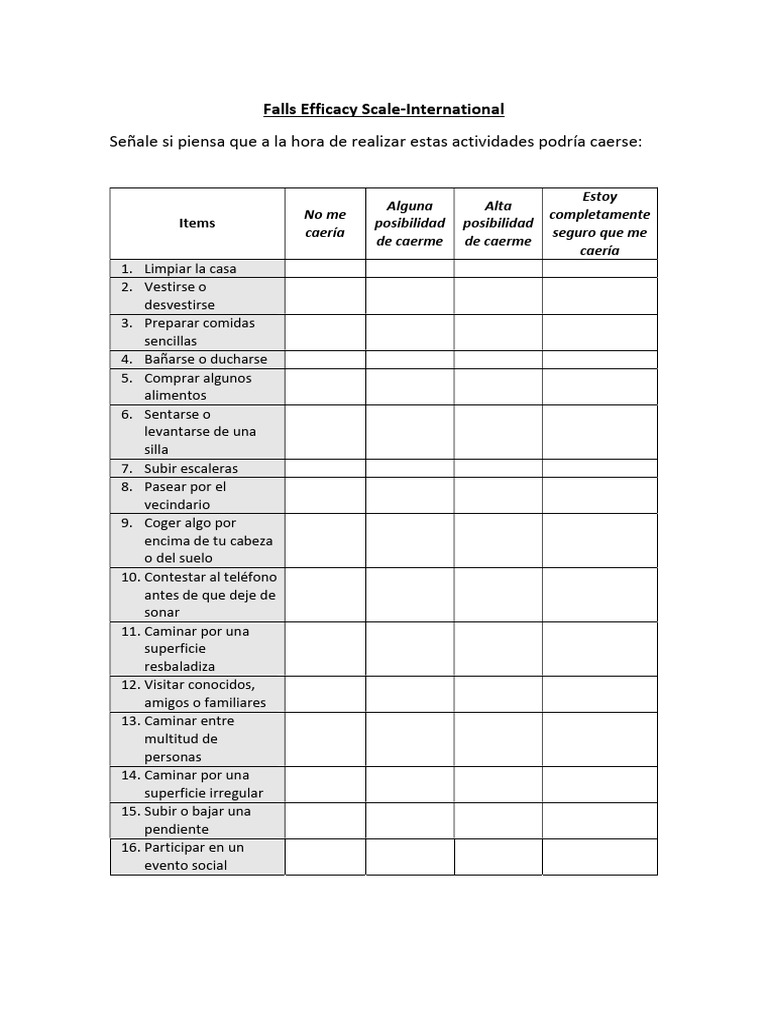Escala de Eficacia ante Caídas FES-I | PDF