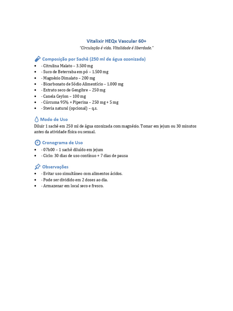 Vitalixir HEQx Vascular: Uso e Composição | PDF