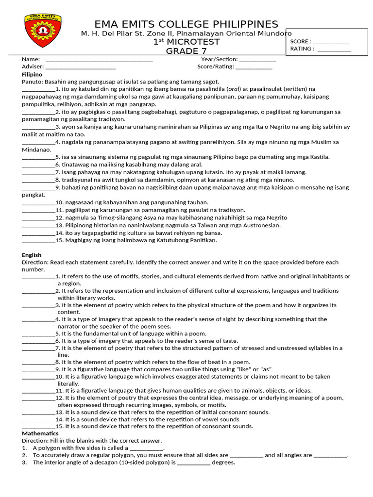 Grade 7 Fill-in-the-Blanks Test | PDF | Poetry | Atoms