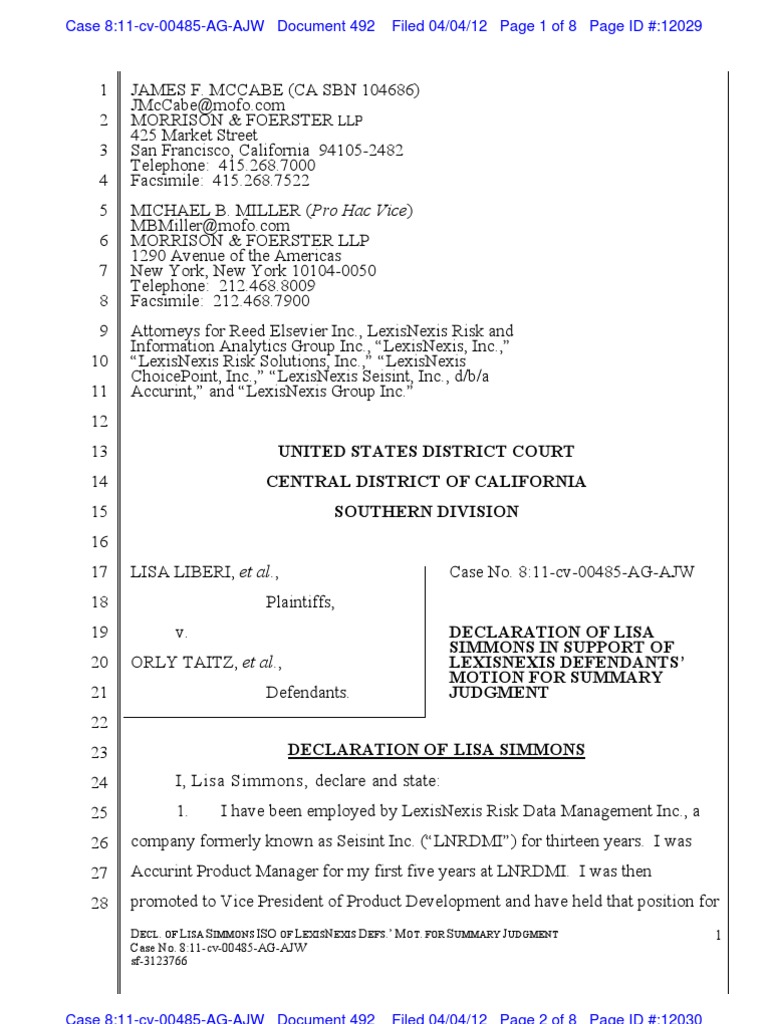 Declaration (Motion Related) Doc 492 | PDF | Lexis Nexis | Business
