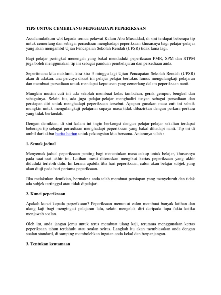 Tips Untuk Cemerlang Menghadapi Peperiksaan Pdf