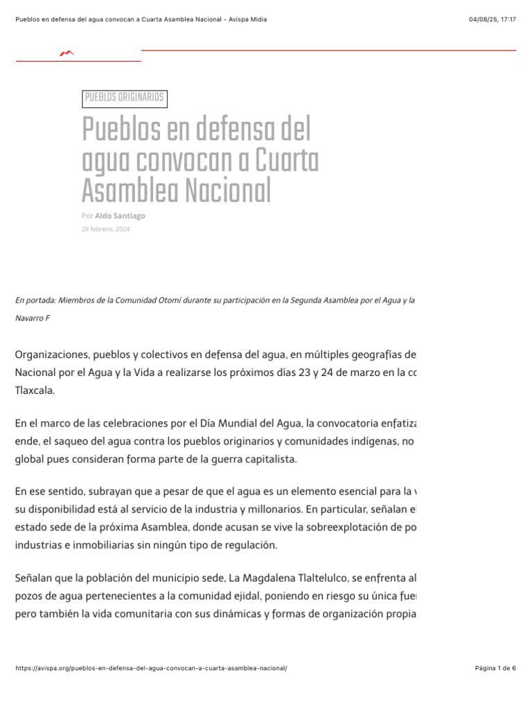 Pueblos en Defensa Del Agua Convocan A Cuarta Asamblea Nacional ...