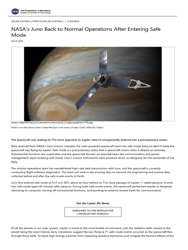 NASA's Juno Back To Normal Operations After Entering Safe Mode - NASA ...