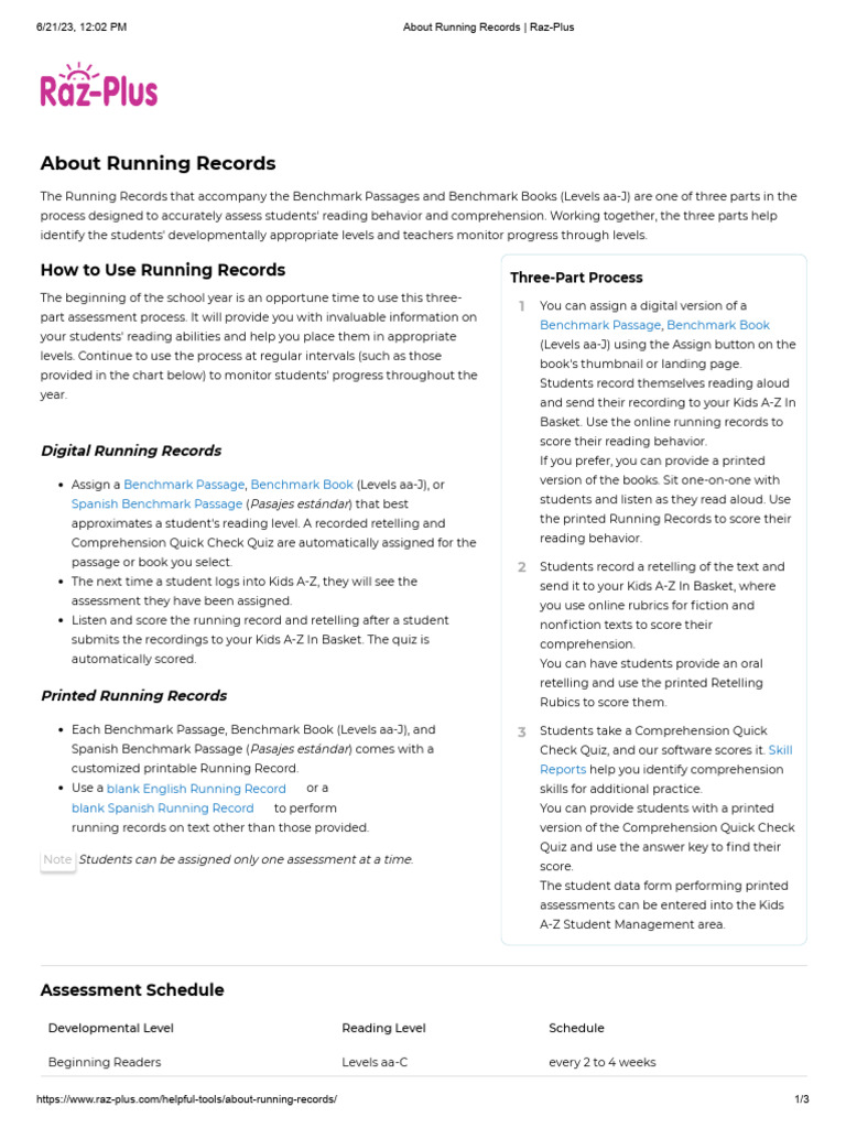 Running Records Assessment Guide | PDF | Reading Comprehension | Rubric ...