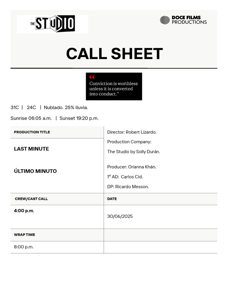Call Sheet for Doce Films Production | PDF