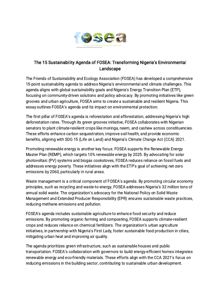 FOSEA's 15-Point Sustainability Agenda | PDF | Sustainability | Agriculture