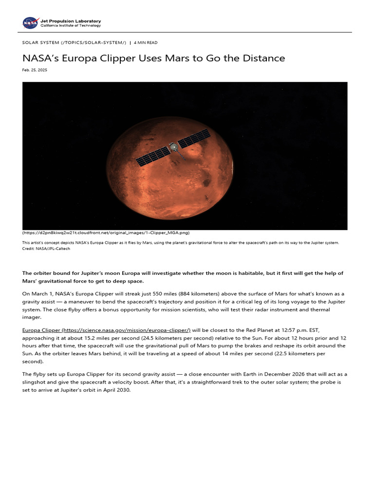 NASA's Europa Clipper Uses Mars To Go The Distance - NASA Jet ...