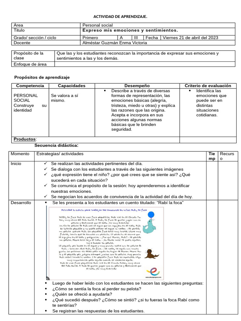Expresión de emociones en primer grado | PDF | Las emociones | Aprendizaje