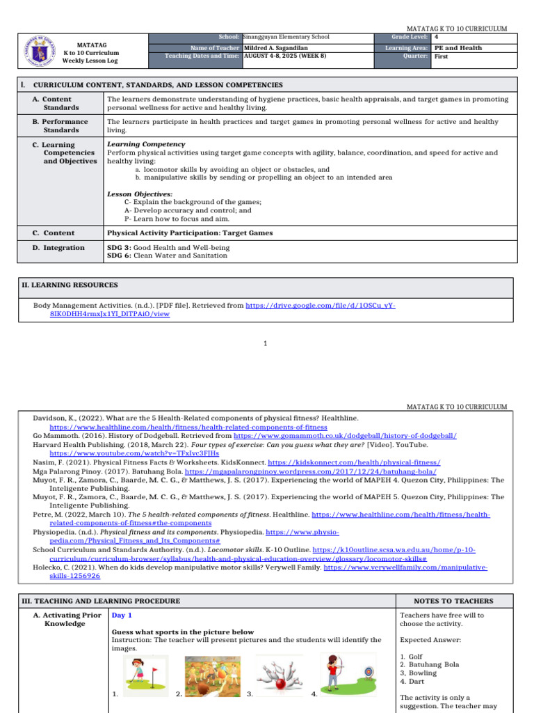 Grade 4 PE Session Plan: Week 8 | PDF | Physical Fitness