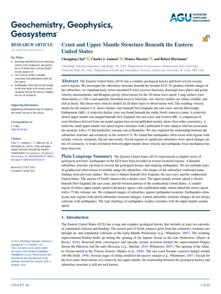 Crust and Upper Mantle Structure Beneath The Eastern United States ...