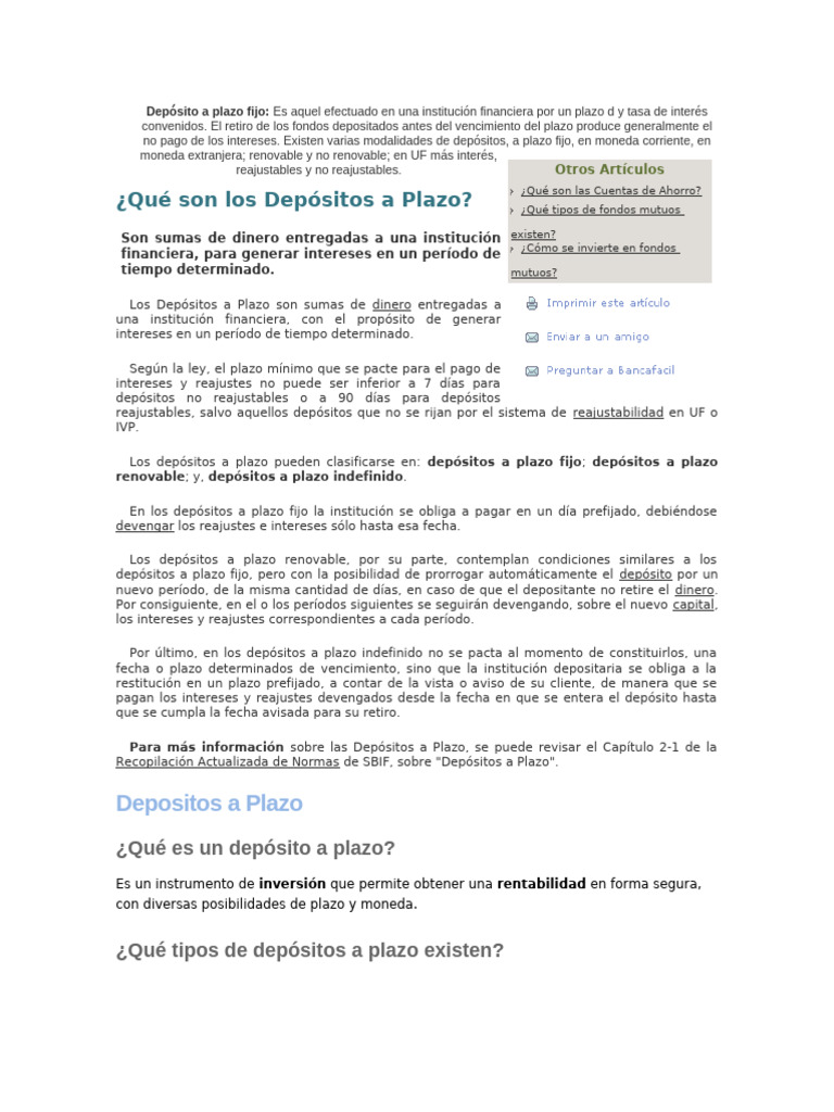 Tipos de Depósitos a Plazo en Chile | PDF | Fondo de inversión ...