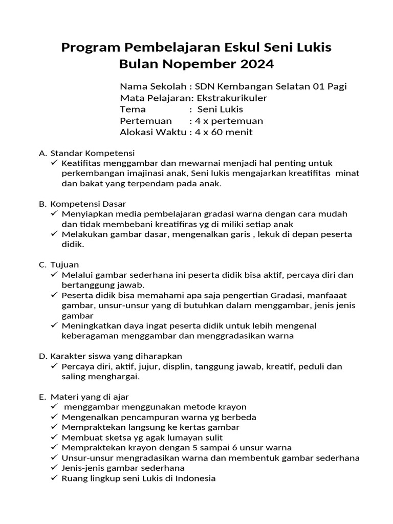 Program Eskul Seni Lukis SDN Kembangan | PDF