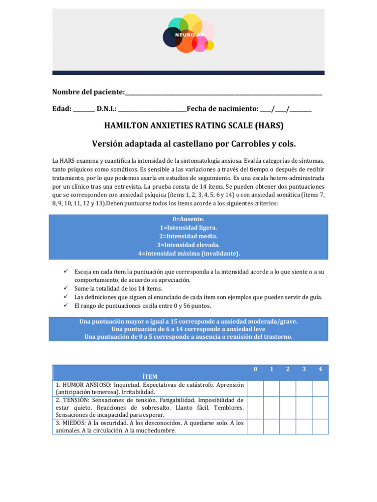Escala de Ansiedad HARS | PDF | Ansiedad | Enfermedades y trastornos