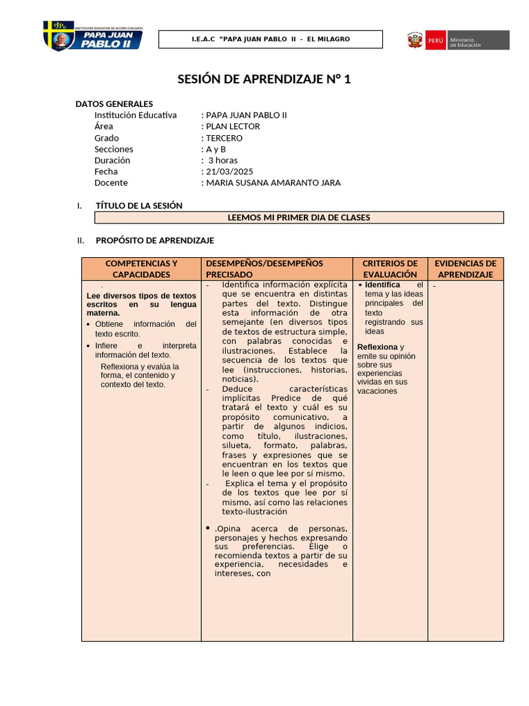 Primer Día de Clases: Actividades Lectoras | PDF | Aprendizaje ...