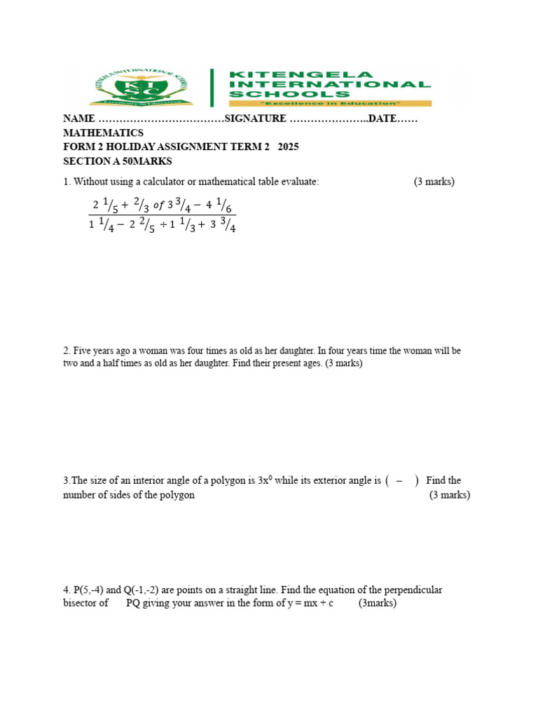 Form 2 Holiday Assignment Term 2 2025 | PDF | Circle | Area