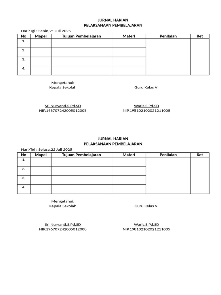 Jurnal Harian Kelas 6 Kurikulum Merdeka | PDF