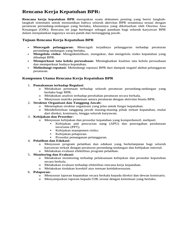 Rencana Kerja Kepatuhan BPR | PDF