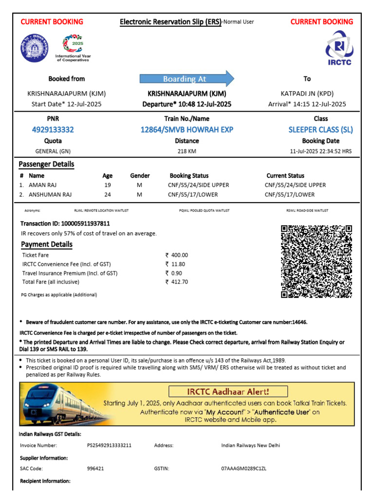 SMVB Howrah Express Booking Details | PDF | Identity Document | Payments