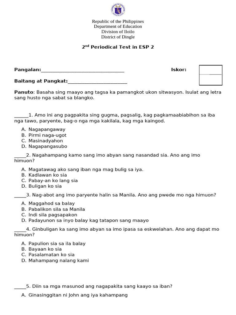 Esp 2nd Quarter Exam | PDF