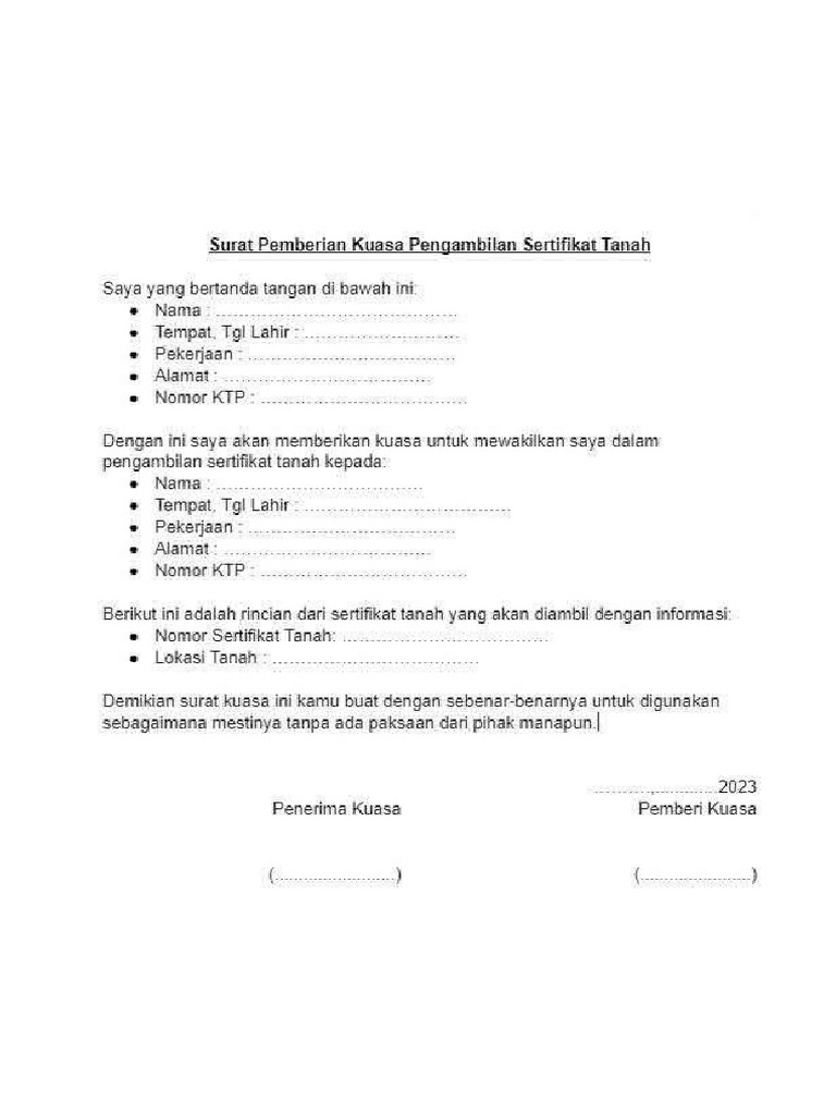 Contoh Surat Kuasa Pengambilan Sertifikat Tanah 1 | PDF