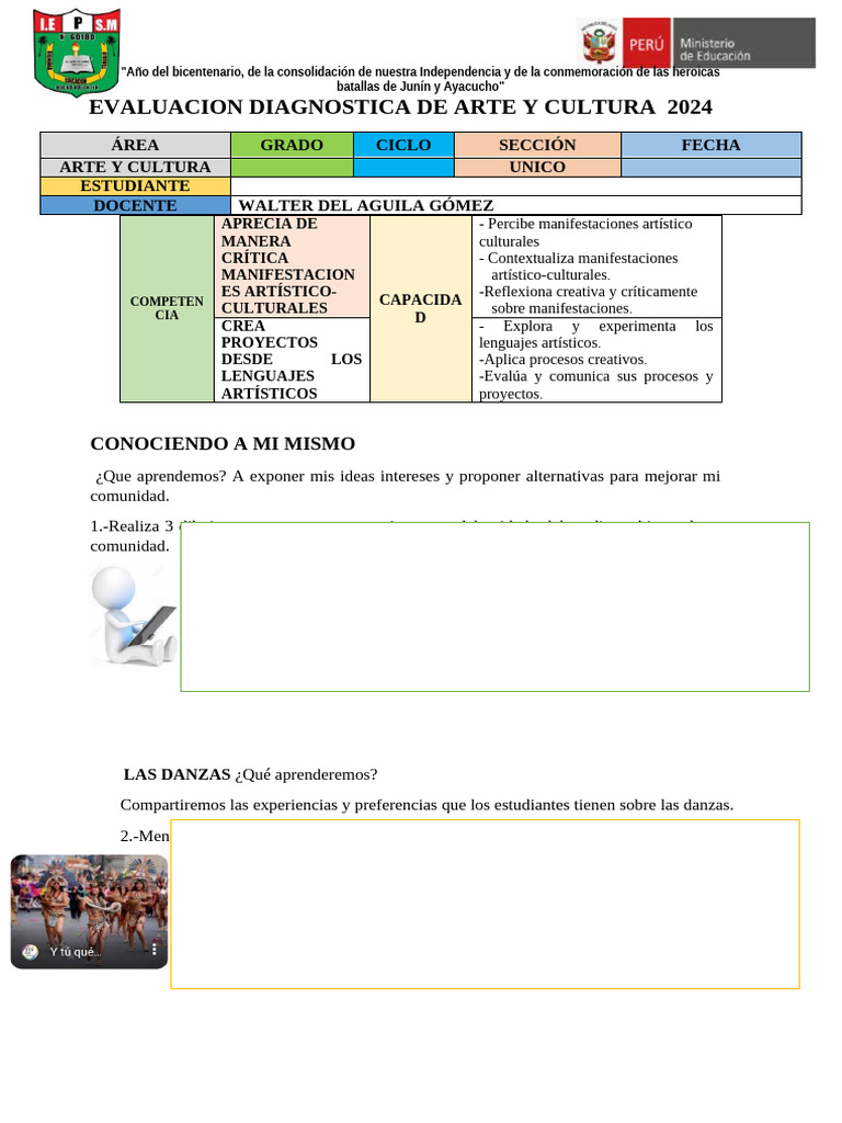 Evaluación Diagnóstica Arte y Cultura 2024 | PDF | Sonido | Bailes