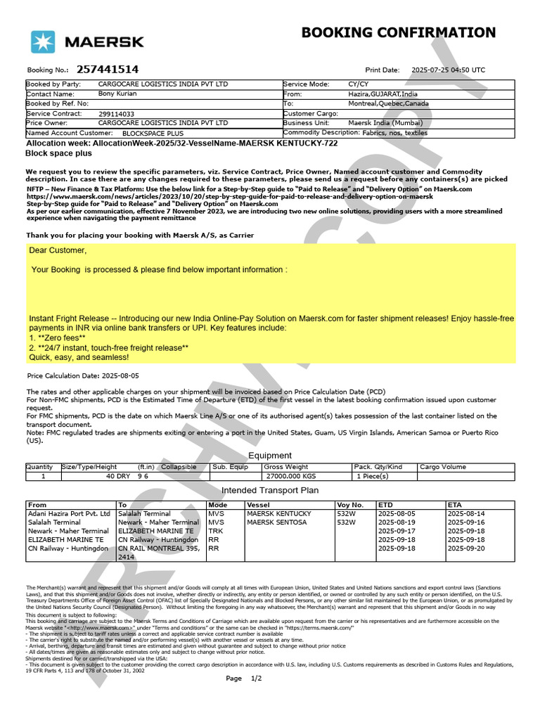 BookingConfirmation | PDF | Cargo | Indemnity