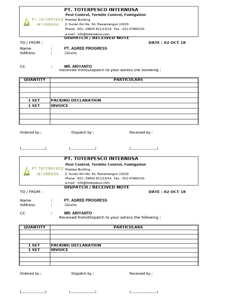 Dispatch Note: Sunan Giri, Rawamangun | PDF | Pesticide