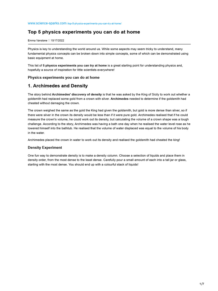 Science-sparks.com-Top 5 Physics Experiments You Can Do at Home | PDF ...