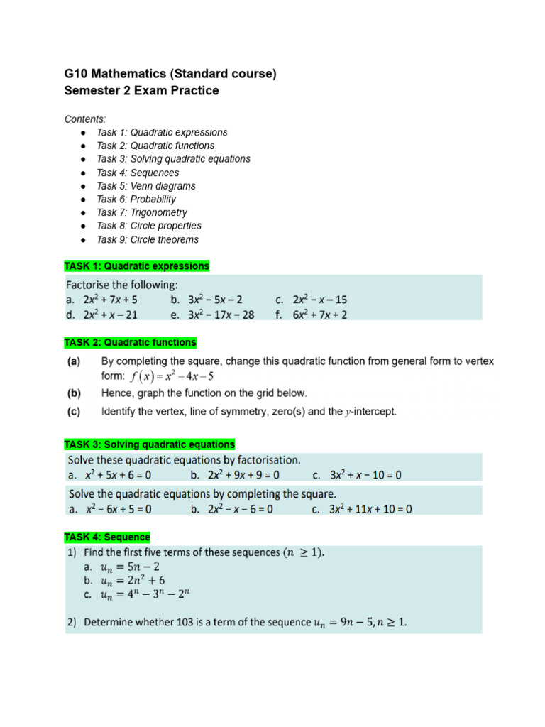 G10 Mathematics Exam Practice Guide | PDF
