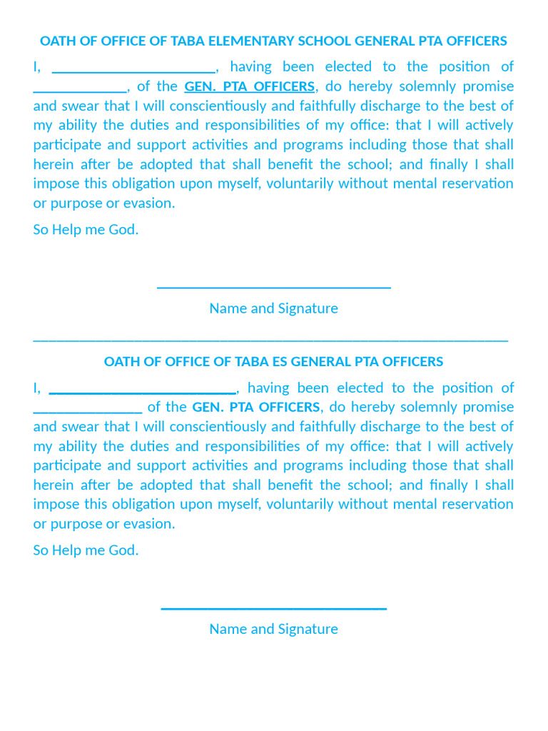 Taba Elementary PTA Oath of Office | PDF