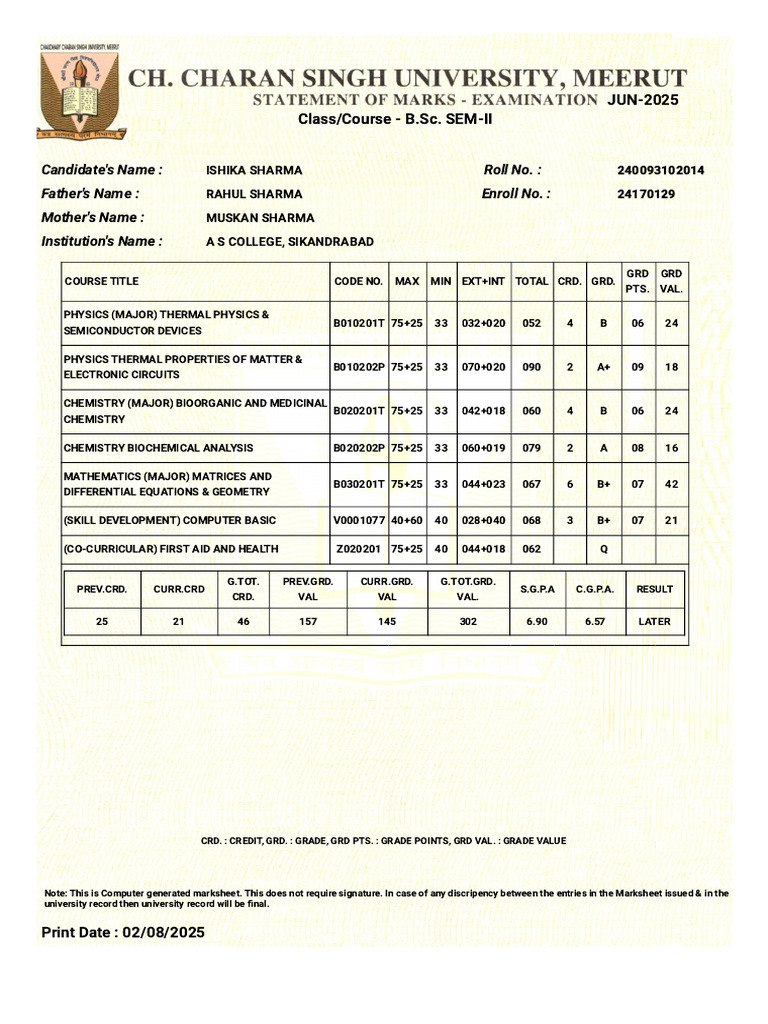 B.Sc. SEM-II Marksheet 2025 | PDF | Physical Sciences | Mathematics