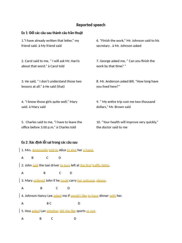 Reported Speech Exercises and Answers | PDF