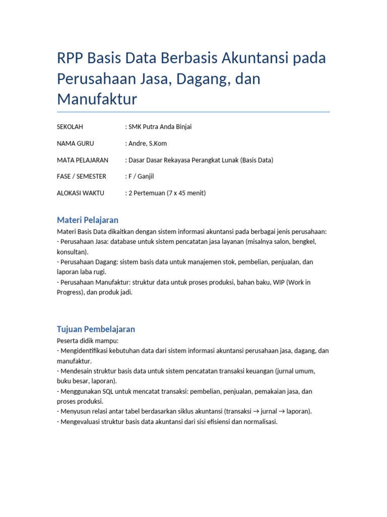 RPP Basis Data Akuntansi untuk Perusahaan | PDF